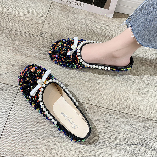 Papuci dama cu panglica si perle