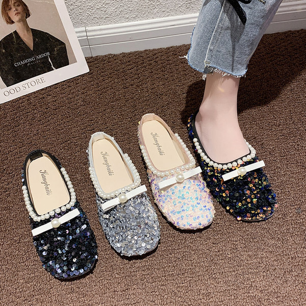 Papuci dama cu panglica si perle