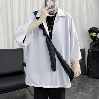 Cămașă largă pentru bărbați cu mâneci 3/4 și nasturi