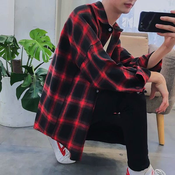 Jauna modeļa vīriešu rūtains krekls ar pogām un garām piedurknēm