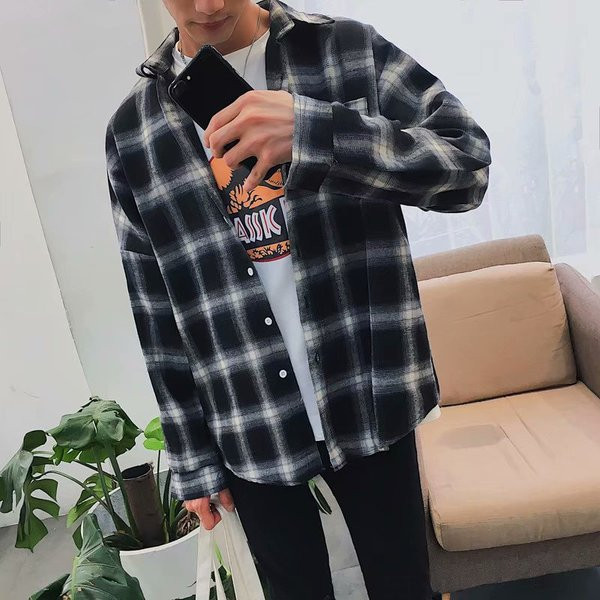 Jauna modeļa vīriešu rūtains krekls ar pogām un garām piedurknēm