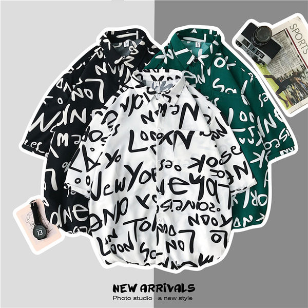 Cămașă largă de vară cu inscripții pentru bărbați