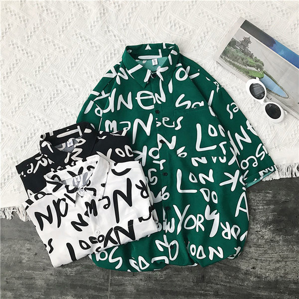 Cămașă largă de vară cu inscripții pentru bărbați