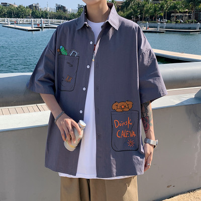 Ανδρικό πουκάμισο φαρδύ μοντέλο με 3/4 μανίκια και τύπωμα