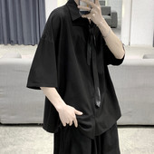 Cămașă largă de mătase pentru bărbați cu mâneci 3/4 și nasturi