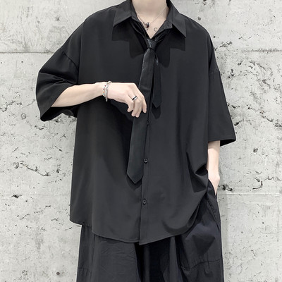 Cămașă largă de mătase pentru bărbați cu mâneci 3/4 și nasturi