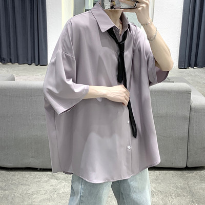 Cămașă largă de mătase pentru bărbați cu mâneci 3/4 și nasturi