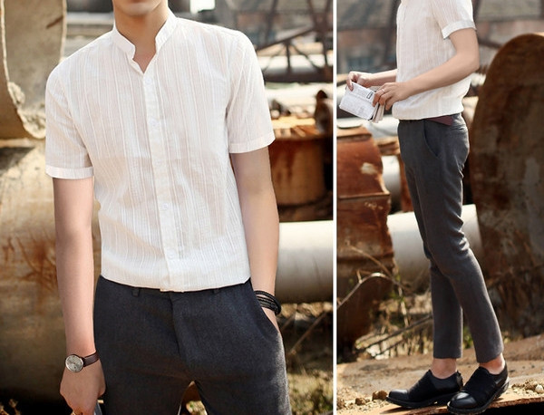 Cămașă casual pentru bărbați cu nasturi și mâneci scurte în culoarea albă