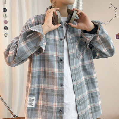 Cămașă casual bărbați în carouri cu buzunar și inscripție cu mâneci scurte și lungi