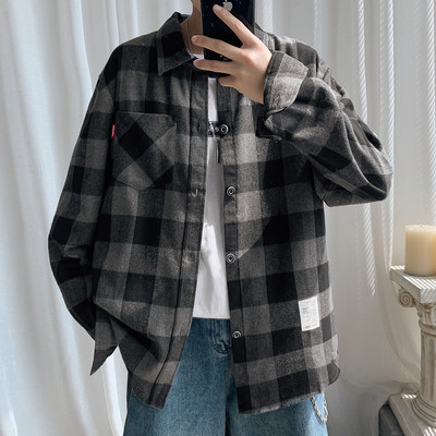 Cămașă casual bărbați în carouri cu buzunar și inscripție cu mâneci scurte și lungi