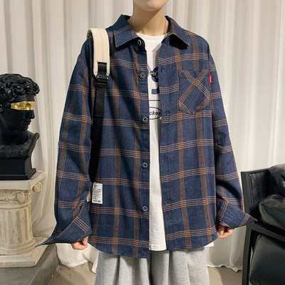 Cămașă casual bărbați în carouri cu buzunar și inscripție cu mâneci scurte și lungi