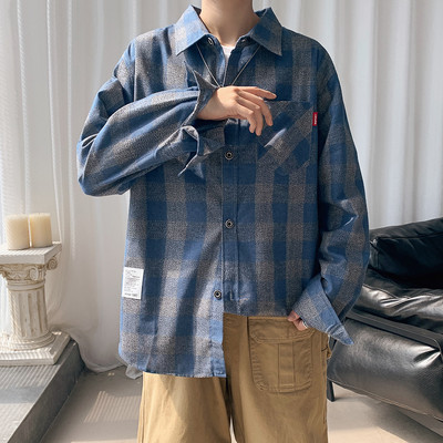 Cămașă casual bărbați în carouri cu buzunar și inscripție cu mâneci scurte și lungi