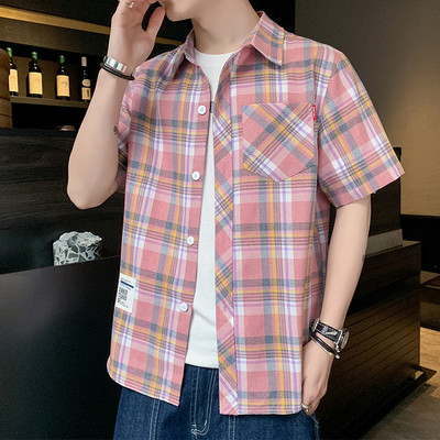 Cămașă casual bărbați în carouri cu buzunar și inscripție cu mâneci scurte și lungi