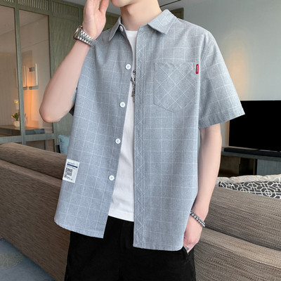 Cămașă casual bărbați în carouri cu buzunar și inscripție cu mâneci scurte și lungi