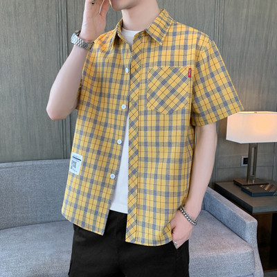 Cămașă casual bărbați în carouri cu buzunar și inscripție cu mâneci scurte și lungi