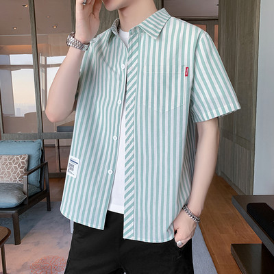 Cămașă casual bărbați în carouri cu buzunar și inscripție cu mâneci scurte și lungi