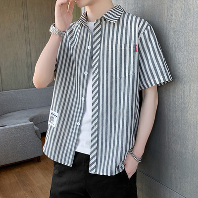 Cămașă casual bărbați în carouri cu buzunar și inscripție cu mâneci scurte și lungi