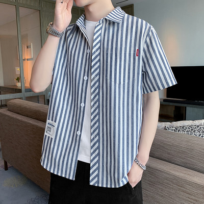 Cămașă casual bărbați în carouri cu buzunar și inscripție cu mâneci scurte și lungi