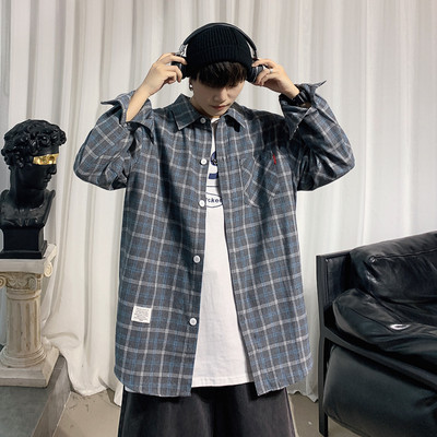 Cămașă casual bărbați în carouri cu buzunar și inscripție cu mâneci scurte și lungi