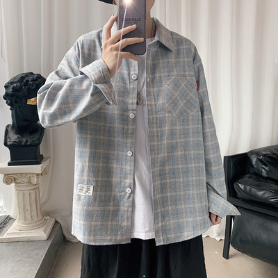 Cămașă casual bărbați în carouri cu buzunar și inscripție cu mâneci scurte și lungi