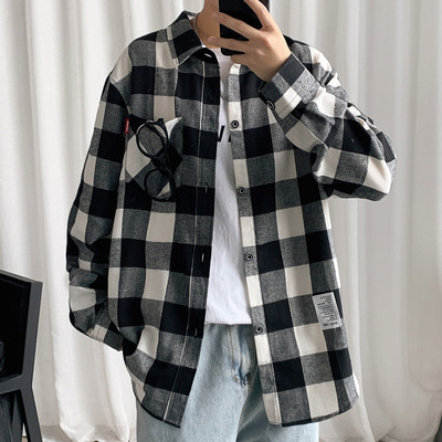 Cămașă casual bărbați în carouri cu buzunar și inscripție cu mâneci scurte și lungi