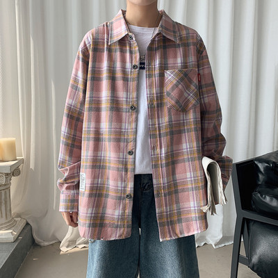 Cămașă casual bărbați în carouri cu buzunar și inscripție cu mâneci scurte și lungi