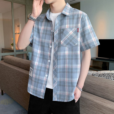 Cămașă casual bărbați în carouri cu buzunar și inscripție cu mâneci scurte și lungi