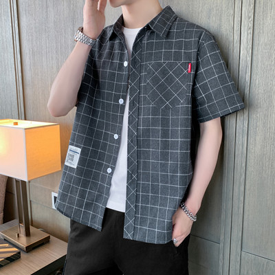 Cămașă casual bărbați în carouri cu buzunar și inscripție cu mâneci scurte și lungi