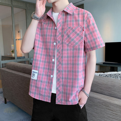 Cămașă casual bărbați în carouri cu buzunar și inscripție cu mâneci scurte și lungi