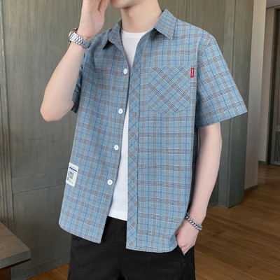 Cămașă casual bărbați în carouri cu buzunar și inscripție cu mâneci scurte și lungi