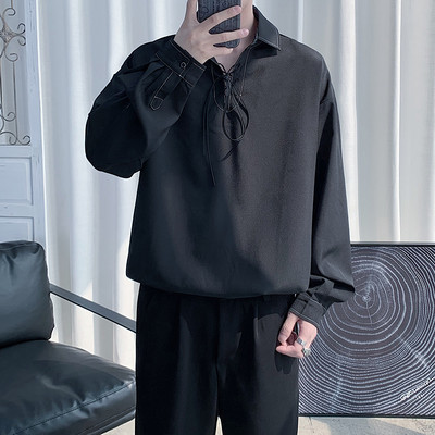 Ανδρικό πουκάμισο μοντέρνο με κορδόνια σε λευκό και μαύρο χρώμα