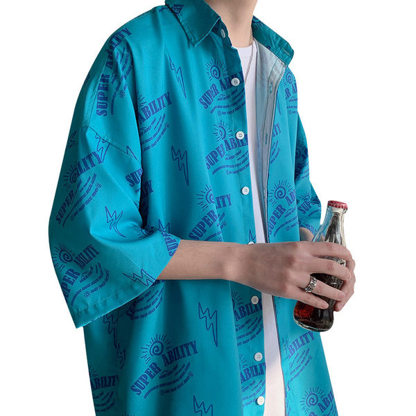 Cămașă casual bărbați cu inscripții și guler clasic - model larg