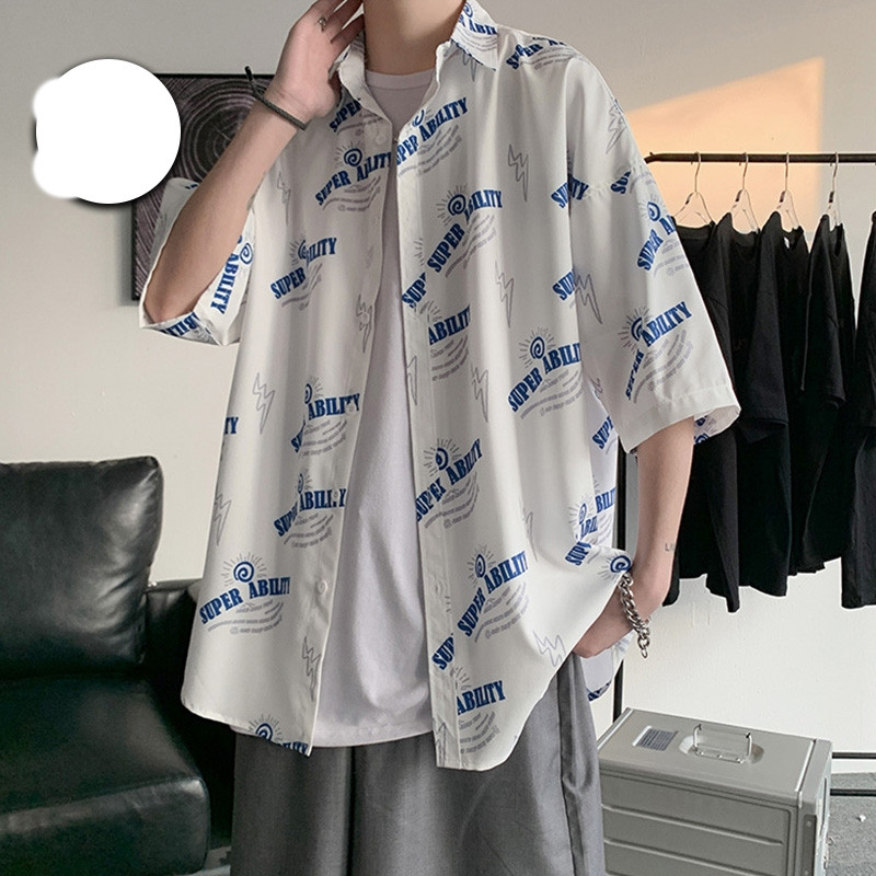 Cămașă casual bărbați cu inscripții și guler clasic - model larg