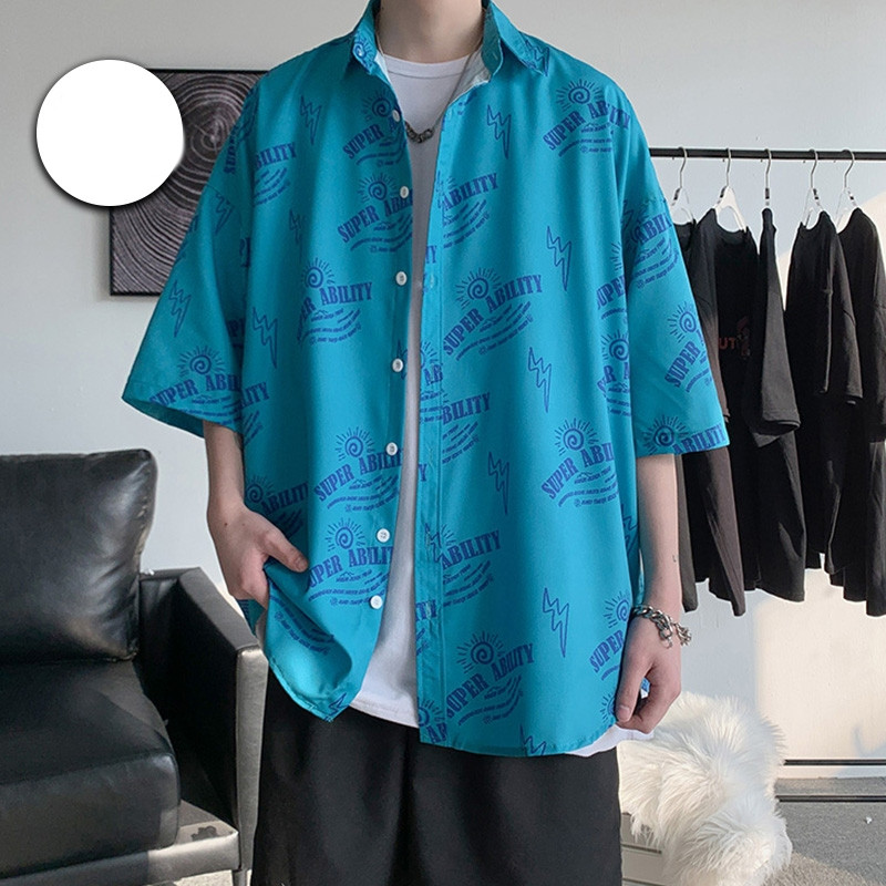 Cămașă casual bărbați cu inscripții și guler clasic - model larg