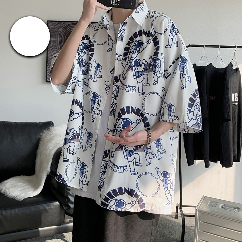 Cămașă casual bărbați cu inscripții și guler clasic - model larg