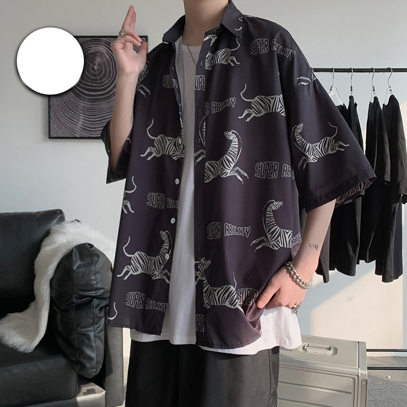 Cămașă casual bărbați cu inscripții și guler clasic - model larg