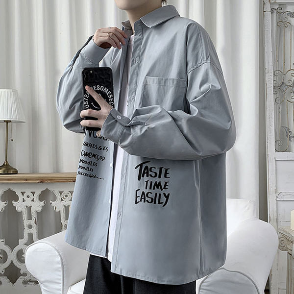 Cămașă casual bărbați cu inscripție și nasturi - model larg