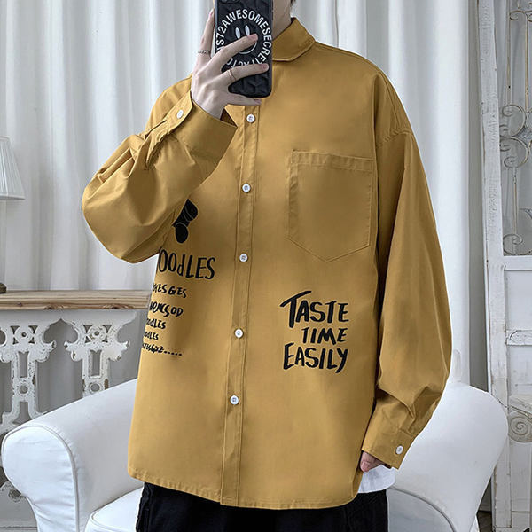 Cămașă casual bărbați cu inscripție și nasturi - model larg