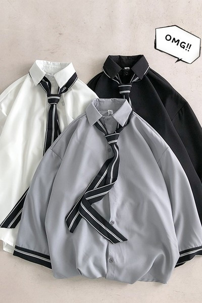 Camasa barbati eleganta cu cravata si model lat cu maneca 3/4