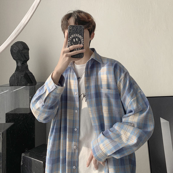 Cămașă casual bărbătească în carouri cu mâneci lungi - model larg