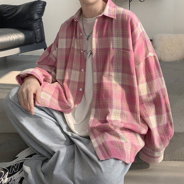 Cămașă casual bărbătească în carouri cu mâneci lungi - model larg