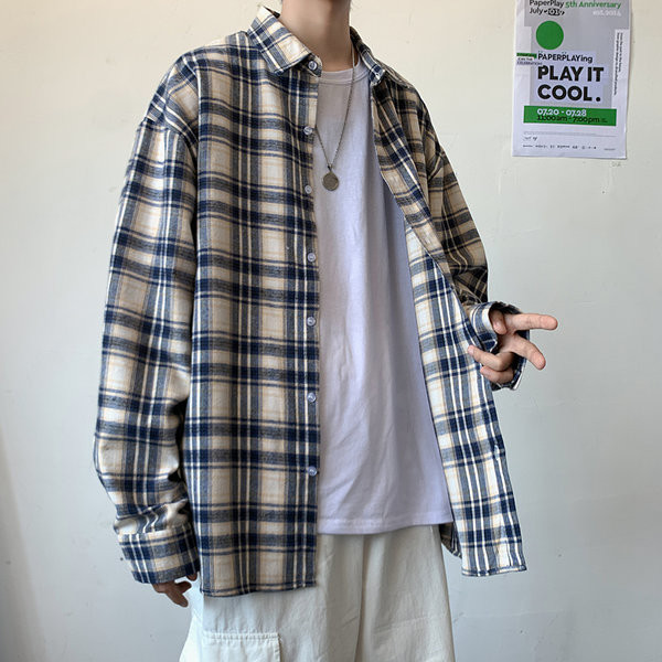 Cămașă casual bărbătească în carouri cu mâneci lungi - model larg