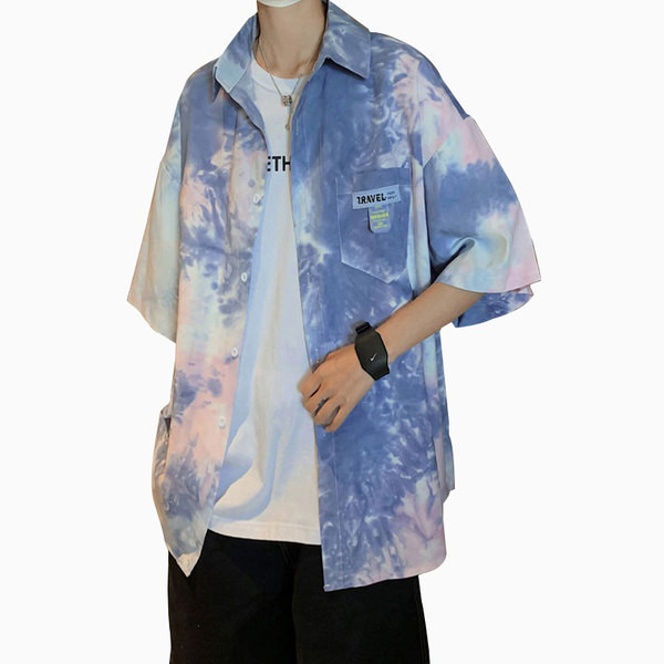 Vīriešu krāsains krekls ar pogām un īsām piedurknēm - divu krāsu