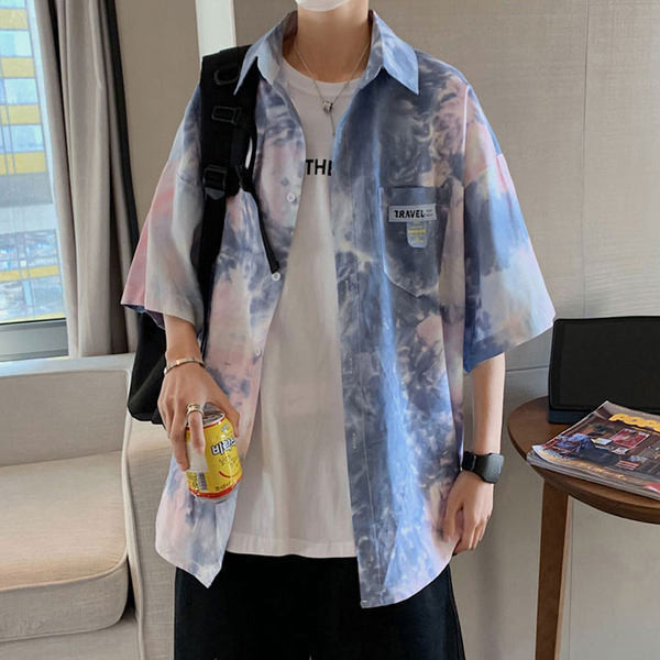 Vīriešu krāsains krekls ar pogām un īsām piedurknēm - divu krāsu