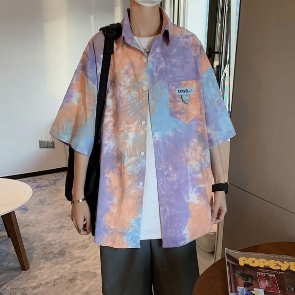 Vīriešu krāsains krekls ar pogām un īsām piedurknēm - divu krāsu