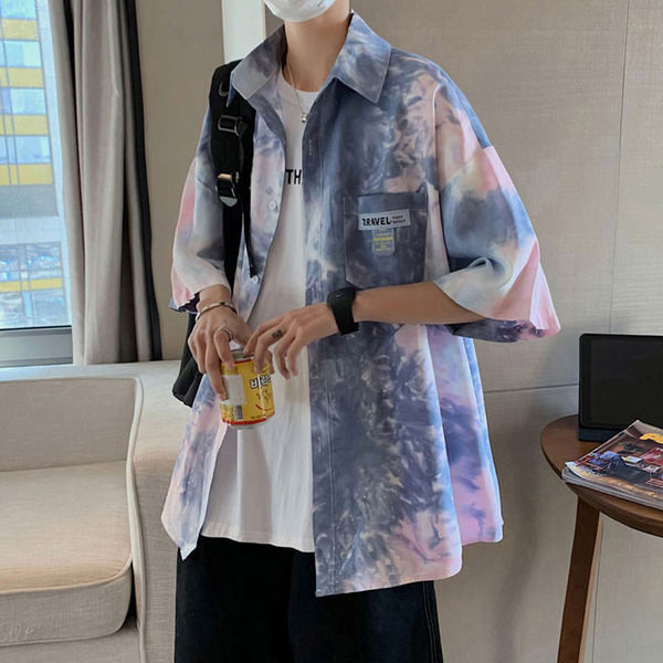 Vīriešu krāsains krekls ar pogām un īsām piedurknēm - divu krāsu