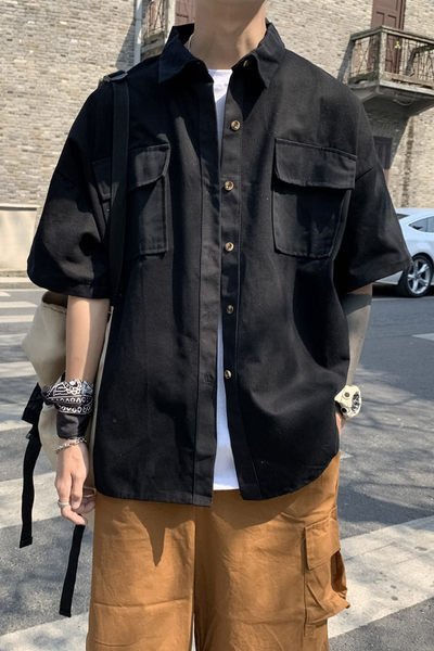 Cămașă casual pentru bărbați, cu buzunare mari, în negru și verde