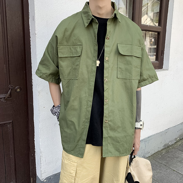 Cămașă casual pentru bărbați, cu buzunare mari, în negru și verde