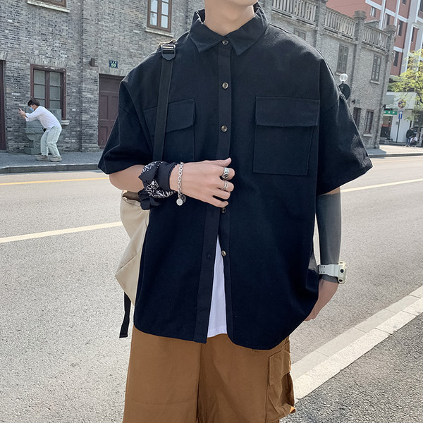 Cămașă casual pentru bărbați, cu buzunare mari, în negru și verde