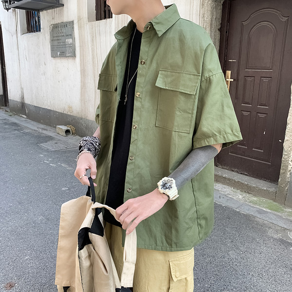 Cămașă casual pentru bărbați, cu buzunare mari, în negru și verde